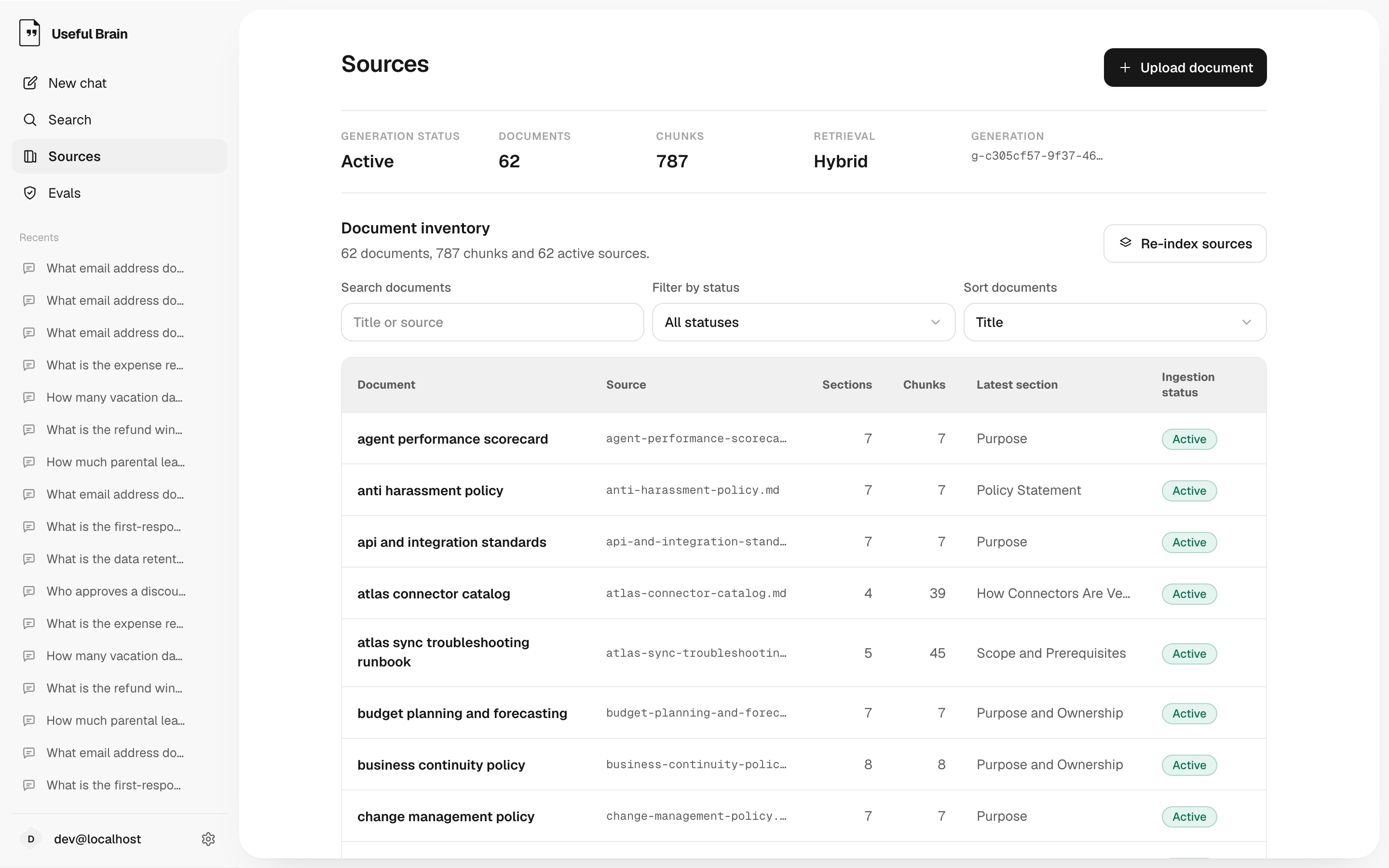 Useful Brain source library showing document names and processing status.